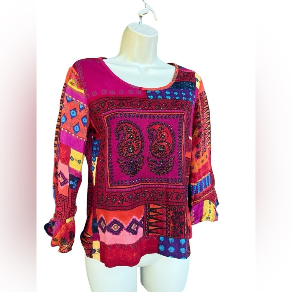Vintage Nostalgia Women’s Colorful Patchwork Paisley Embellished Blouse Small